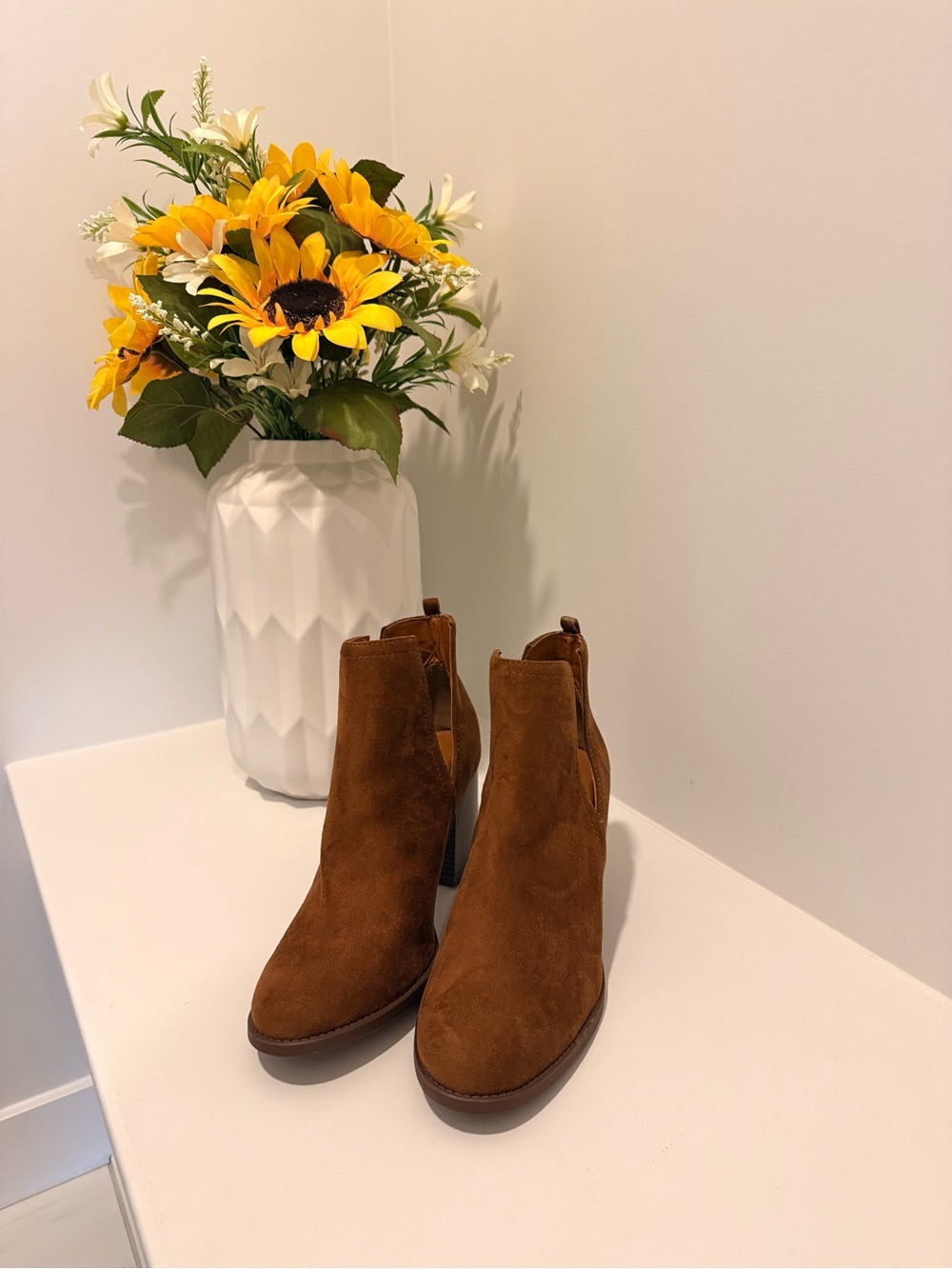Soda Chestnut Brown Suede Ankle Booties with Block Heel - Picture 3 of 5